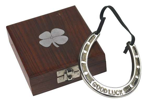 Good Luck Horse Shoe In Wooden Box With 4 Leaf Clover Design